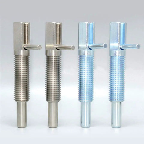 Heavy Duty Stainless Steel Retractable Indexing Plunger Pin With L Handle for Bullseye Workholding Jigs and Fixtures, multiple angles.