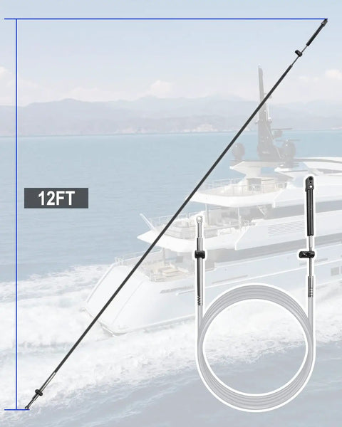 12 Ft Replacement Boat Engine Control Cable For Mercury Mariner Engines CC17912 with yacht in background