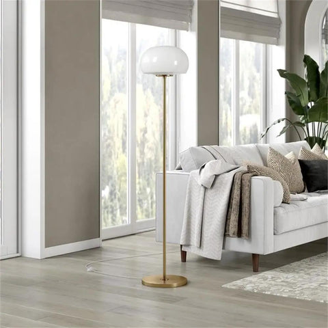 Tall Floor Lamp With Glass Mushroom Shade In Brass And White Milk Glass, Handcrafted Steel Base in a living room
