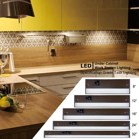 32 Inch Dimmable LED Under Cabinet Light With Linkable Design, shown installed in a kitchen, bronze finish with 18W 1350 lumens.