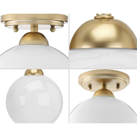 Carisa Collection 7 3/8 Inch One Light Flush Mount with vintage gold finish and glass globe, showing four angles of fixture details.