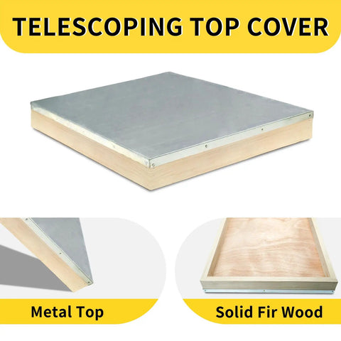 Natural Wood 10 Frame Langstroth Beehive Parts Kit telescoping top cover with metal top and solid fir wood
