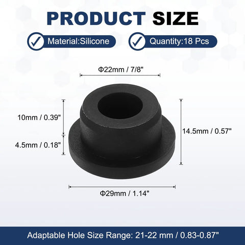 18-Piece T-Shaped Silicone Plugs Set, 22.3mm Diameter, dimensions and material details shown