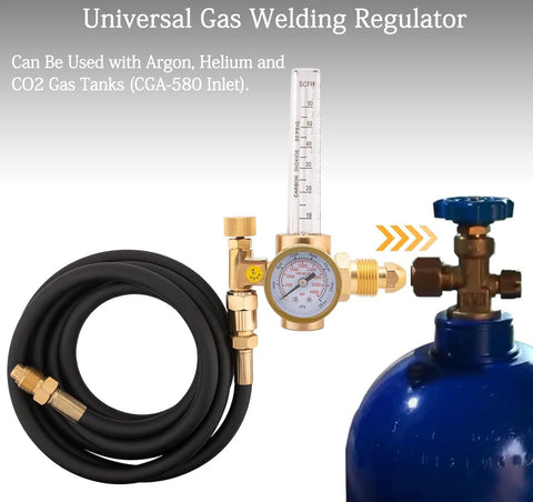 Front view of argon/CO2 MIG welding regulator with 6.6 ft hose, brass body, gauge, CGA-580 inlet.
