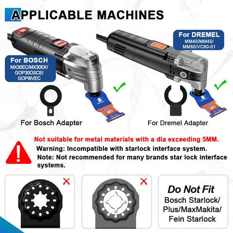 Image showing compatible machines for Heavy Duty Carbide Oscillating Multi Tool Blades Quick Release for Bosch and Dremel.
