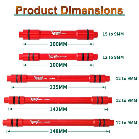 Red hub adapters 12mm to 9mm for 100mm, 135mm, 142mm, 148mm axles; product dimensions listed. Lightweight anodized 7075 aluminum.
