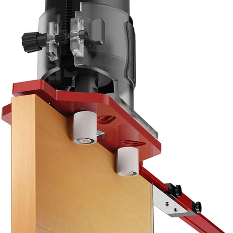 Knockout Universal Router Base Plate With Dual Handle Heavy Duty Aluminum Alloy Template Guide mounted on wood for routing tasks.