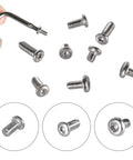 Hella Tough 304 Stainless Steel Pocket Knife Handle Screws And Shaft Pivot Pin Rivets 100 Piece EDC Folding Hardware Kit assorted screws close-up.