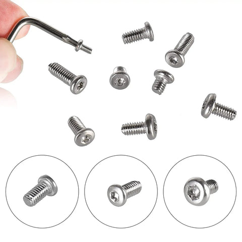 Hella Tough 304 Stainless Steel Pocket Knife Handle Screws And Shaft Pivot Pin Rivets 100 Piece EDC Folding Hardware Kit assorted screws close-up.
