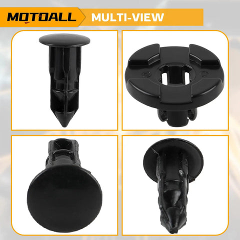 Premium Black Nylon Push Pin Clips For Bumper Shield And Fender Trim Panel Fasteners Retainer Rivets close-up views, 8mm hole diameter.