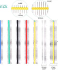 70 Piece 2.54mm Breakaway Single Row Straight Male Pin Header Kit with multi color headers, 10mm and 17mm needle lengths, size details