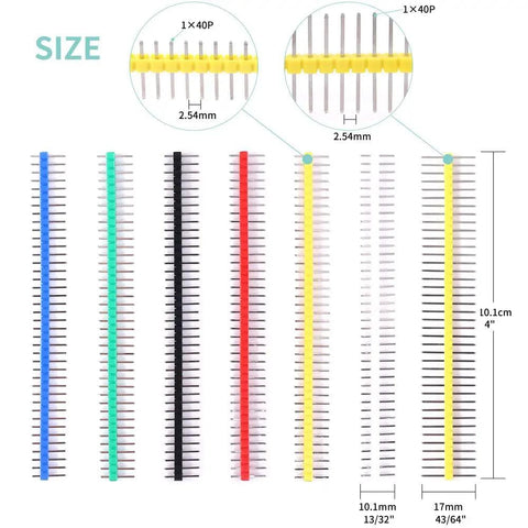 70 Piece 2.54mm Breakaway Single Row Straight Male Pin Header Kit with multi color headers, 10mm and 17mm needle lengths, size details