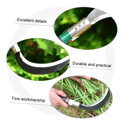 Close-up of Two Pack Ergonomic Short Handle Moonshape Garden Scythe showing durable manganese steel blades in use for weeding.