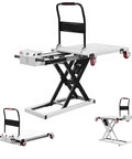 Heavy Duty Electric Scissor Lift Table Cart With Hydraulic Platform For Warehouse Sorting And Mobile Equipment Maintenance Workstation in black and gray with wheels.