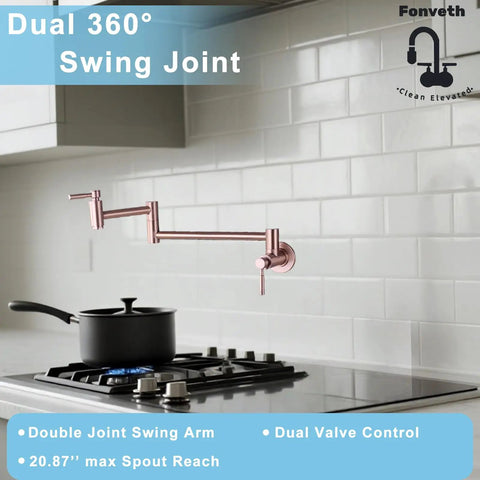 Rose Gold Pot Filler Faucet Wall Mount With Folding Extendable Arm And Double Joint Swing Stainless Steel Build