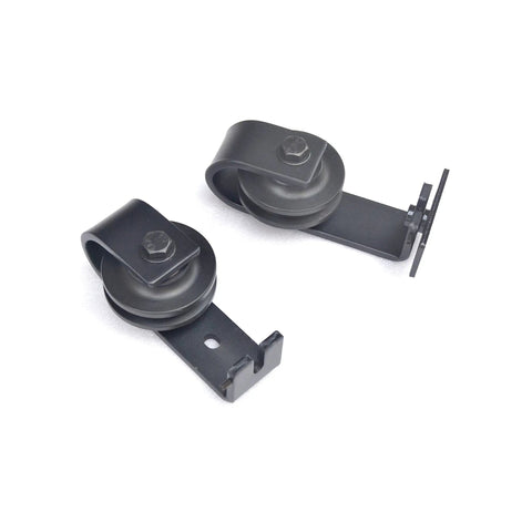Bi Folding Barn Door Hardware Kit For Two Doors With Black Top Mount Rollers Interior Use Rails Fit Per Panel 18 Inches Total Opening 36 Inches Door Not Included - Black top mount rollers detail.