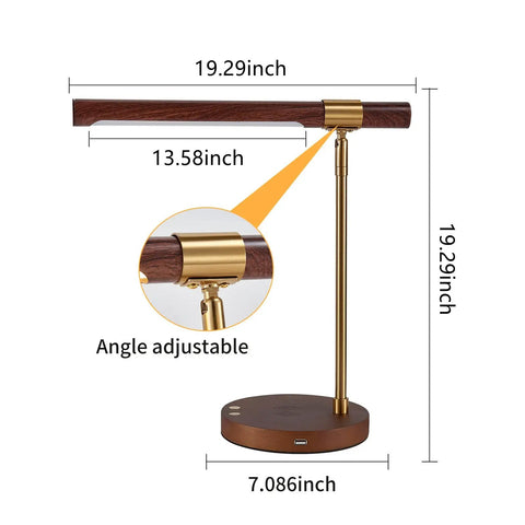 LED Wood Grain Desk Lamp With Wireless Charger And USB Port For Home Office, Touch Control Desk Light, dimensions shown