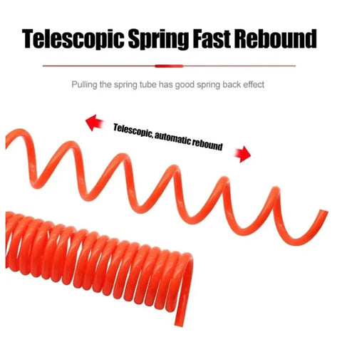 Heavy Duty Spiral Pneumatic Air Hose For Air Compressors Rock Solid Poly Coil Extender Squeeze Proof in orange, showcasing rebound.