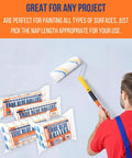 Pro Grade 14 Inch Microfiber Paint Roller Covers Bulk Pack Of 48 With One Half Inch Nap for smooth finishes being used on a wall.