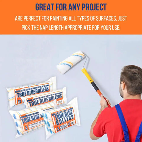 Pro Grade 14 Inch Microfiber Paint Roller Covers Bulk Pack Of 48 With One Half Inch Nap for smooth finishes being used on a wall.