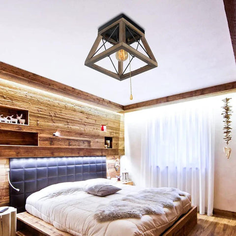 Rustic Wood Farmhouse Ceiling Light With Pull Chain 1 Light Small Square Black Flush Mount For Hallway Closet Laundry Room Edison E26 Compatible Country Style Indoor Lighting