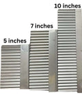 Front view of three stainless steel serrated knife blades in 5, 7, and 10-inch sizes