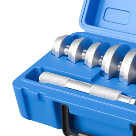 Heavy Duty Aluminum Wheel Bearing Puller Press Kit With Anti Slip Handle For Quick Removal And Installation On Common Tire Sizes Cutting Service Time Fast While Providing A Secure Grip Build That Is Wicked Lightweight For One Hand Work Like A Boss. blue case with aluminum press tools and knurled handle