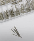 Slick Watch Repair Kit With Heavy Duty Stainless Steel Spring Bars and Precision Pin Remover Tool for fast adjustments, showing assorted stainless steel spring bars.