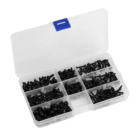 Pro Grade 200 Pcs Carbon Steel Self Tapping Screws Kit with Black Round Head Assortment in handy plastic storage case