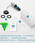 Built In Kitchen Soap Dispenser With Brushed Nickel Finish Top Refill Access No Fuss Easy Install Countertop Pump Head 17 Oz Refillable Bottle Dish Soap Or Lotion Dispenser For Sinks Durable Stainless Steel Look components including pump head, bottle, and installation parts.