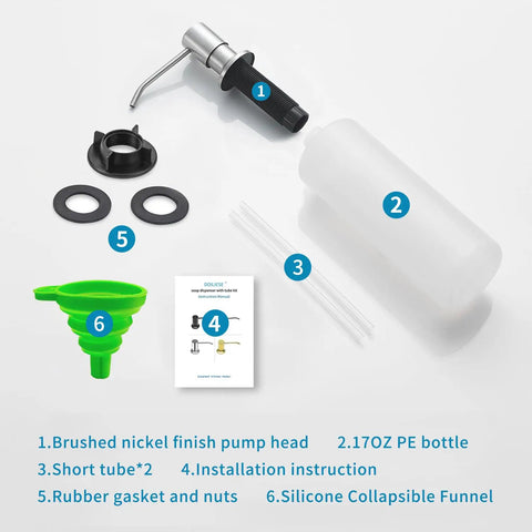 Built In Kitchen Soap Dispenser With Brushed Nickel Finish Top Refill Access No Fuss Easy Install Countertop Pump Head 17 Oz Refillable Bottle Dish Soap Or Lotion Dispenser For Sinks Durable Stainless Steel Look components including pump head, bottle, and installation parts.