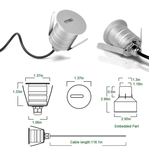 Dimensions and side view of Recessed Outdoor LED Deck Step Lights 12-24V Low Voltage In-Ground Landscape Lighting 1W 3000K Warm White IP67 Waterproof for Stair Fence Pathway Garden 6 Pack