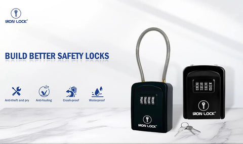 Rugged Outdoor Key Lock Box With Cable Shackle, Small Waterproof Metal Safe, 4 Digit Combo For Spare Keys Left Outside On Door Knob, Fence