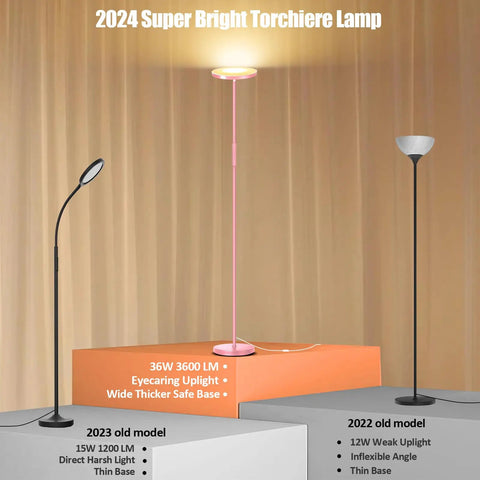 Dope Bright 40W LED Floor Lamp Torchiere with 4000 Lumens, stepless dimming, and 24W RGB mood light, shown with other models
