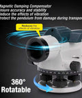 Pro Grade 32x Automatic Transit Level AL32 Self Leveling Optical Level with magnetic damped compensator, side view.