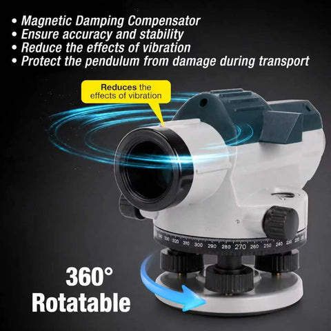 Pro Grade 32x Automatic Transit Level AL32 Self Leveling Optical Level with magnetic damped compensator, side view.