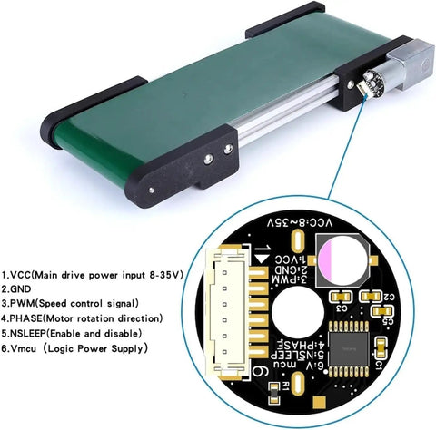 320mm Mini Conveyor Belt System For Vending Machines And Automated Lanes with PU belt and DC motor, showing circuit diagram.