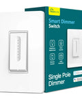 Single Pole Smart Dimmer Switch For Dimmable Bulbs With 2.4GHz WiFi Works With Alexa And Google Home App Remote Control Neutral Wire Required Plus Voice Control And Mobile App Scheduling, shown with packaging.