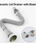Ceramic Lid Drainer with Basket, flexible gray drainage pipe designed for kitchen or bathroom sinks, featuring a polished lid.