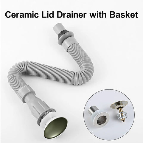 Ceramic Lid Drainer with Basket, flexible gray drainage pipe designed for kitchen or bathroom sinks, featuring a polished lid.