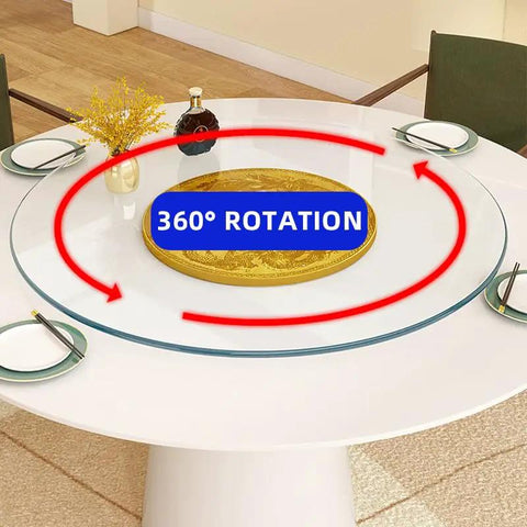 Huge 43 Inch Tempered Glass Lazy Susan Turntable For Dining Tables Smooth As Butter 360 Spin on dining table with dishes.