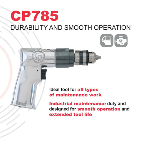 CP785 Air Power Drill 3 By 8 Inch With Keyed Chuck, Aluminum Housing, Pistol Grip, 0.5 HP, 370 W, 2400 RPM, beefy quiet operation displayed
