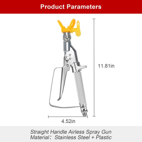 Heavy Duty Airless Paint Spray Gun With Reversible 517 Tip And 3600 PSI Max Pressure For Smooth Blended Results And No Drip Inline Design Built Tough For Every Weekend Project, stainless steel and plastic material, 11.81in by 4.52in dimensions.