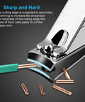 Close-up of sharp stainless steel nail clipper cutting copper wire from 18 Piece Pro Grade Nail Care Set With Stainless Steel Manicure Pedicure Tools For Men And Women Includes Fingernail And Toenail Clippers Cutters Grooming Essentials In Leather Travel Case.