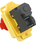 Heavy Duty Waterproof Five Pin Electromagnetic Pushbutton Switch With IP54 Seal And No Volt Release For Mini Metal Lathe And Job Site Power Tools Yellow Black close-up view showing switch design and wiring pins.