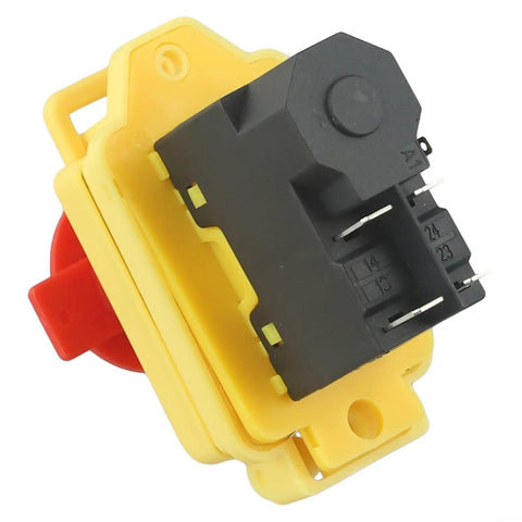 Heavy Duty Waterproof Five Pin Electromagnetic Pushbutton Switch With IP54 Seal And No Volt Release For Mini Metal Lathe And Job Site Power Tools Yellow Black close-up view showing switch design and wiring pins.