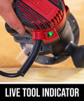 Close-up of Heavy Duty 10 Amp Fixed Base Corded Router With A Beefy Two Point Zero Horsepower Motor with live tool indicator.