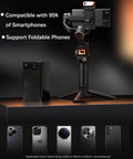 Smartphone Gimbal Stabilizer With 3 Axis Stabilization, Magnetic AI Tracker shown with detachable remote and foldable phone feature