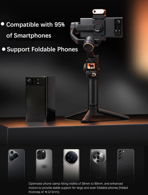 Smartphone Gimbal Stabilizer With 3 Axis Stabilization, Magnetic AI Tracker shown with detachable remote and foldable phone feature