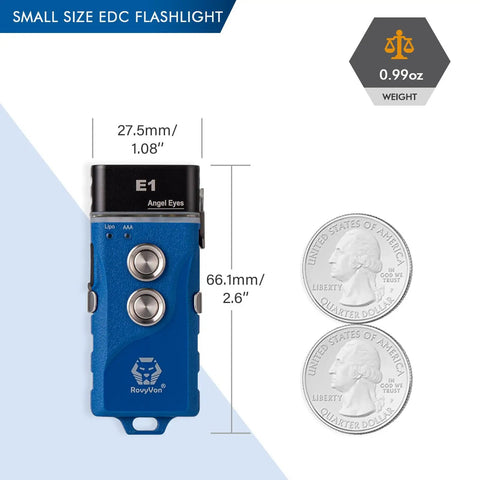Small blue EDC flashlight next to coins for scale, 27.5mm wide and 66.1mm tall, 0.99 oz weight, shown upright with buttons visible.